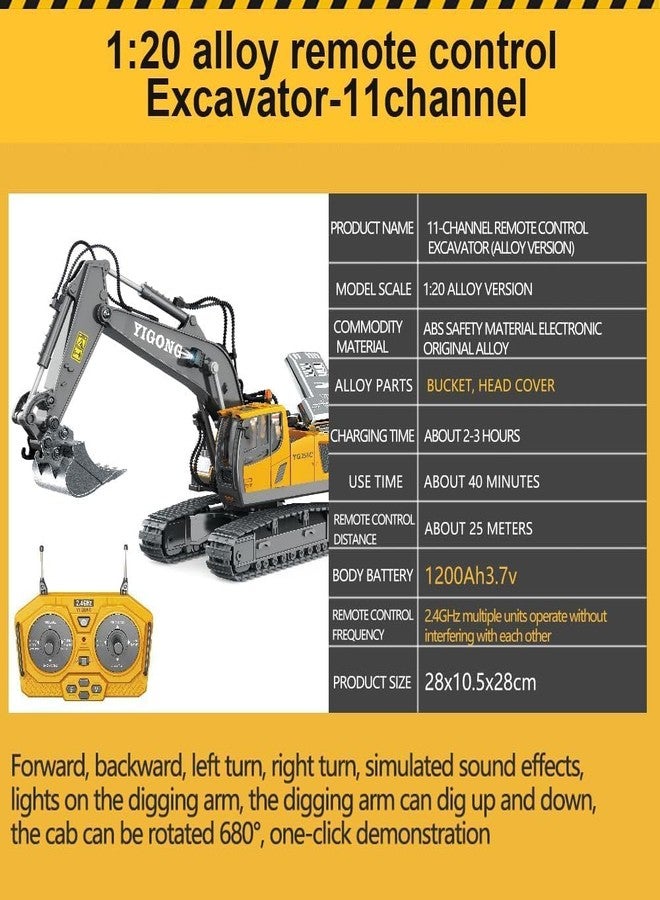 RABJET حفارة رابجيت التي تعمل بجهاز تحكم عن بعد، 11 قناة، لعبة شاحنة حفارة بمقياس 1/20، بتردد 2.4 جيجاهرتز، مركبات بناء مزودة بمجرفة معدنية، دوران 680 درجة، مناسبة للأطفال الأولاد من عمر 4 إلى 7 سنوات - متعددة - Image 4